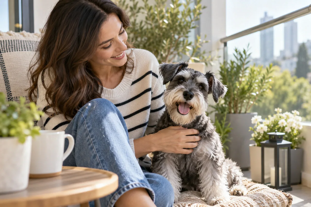 Owner sitting beside a gray-and-white dog at home